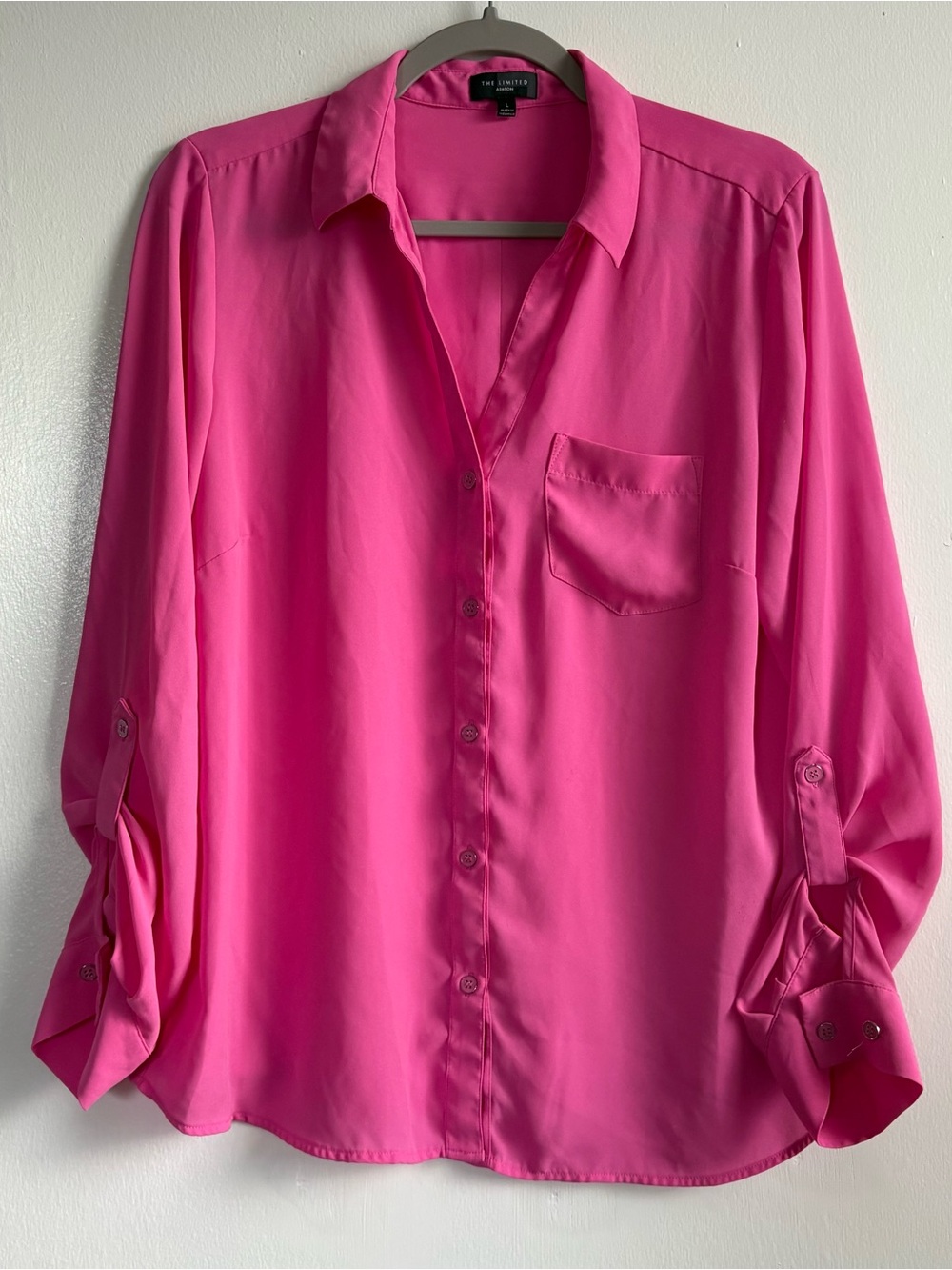 The Limited Pink Solid Collared Button-Up Long Sleeve Polyester Blouse Women’s L